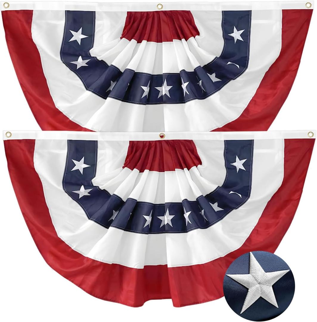 2 Pack American Pleated Fan Flag 2x4 Ft Patriotic Bunting Embroidered Stars USA 250th Anniversary Decorations for 4th of July Outdoor Porch Fence Banner with Canvas Header & Brass Grommets