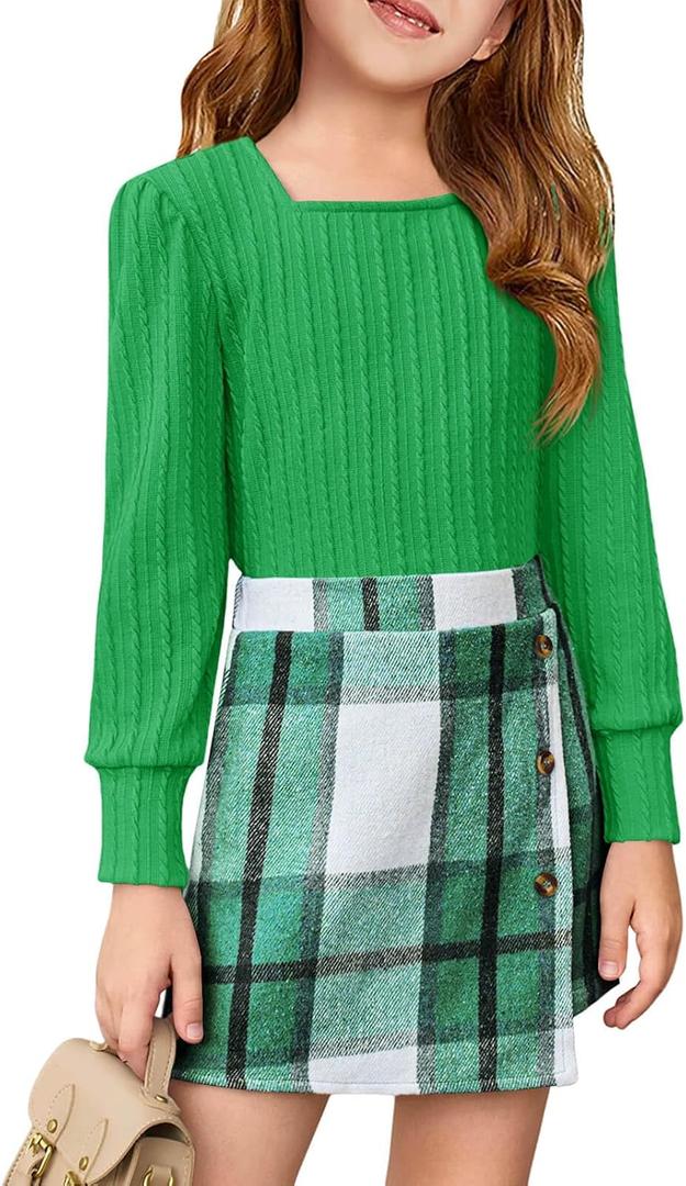 Haloumoning Girls Skirt Sets Fall Outfits Jacquard Long Sleeve Tops Plaid Skirts Shorts 2 Piece Clothing Sets,Size 9-10 (Green)