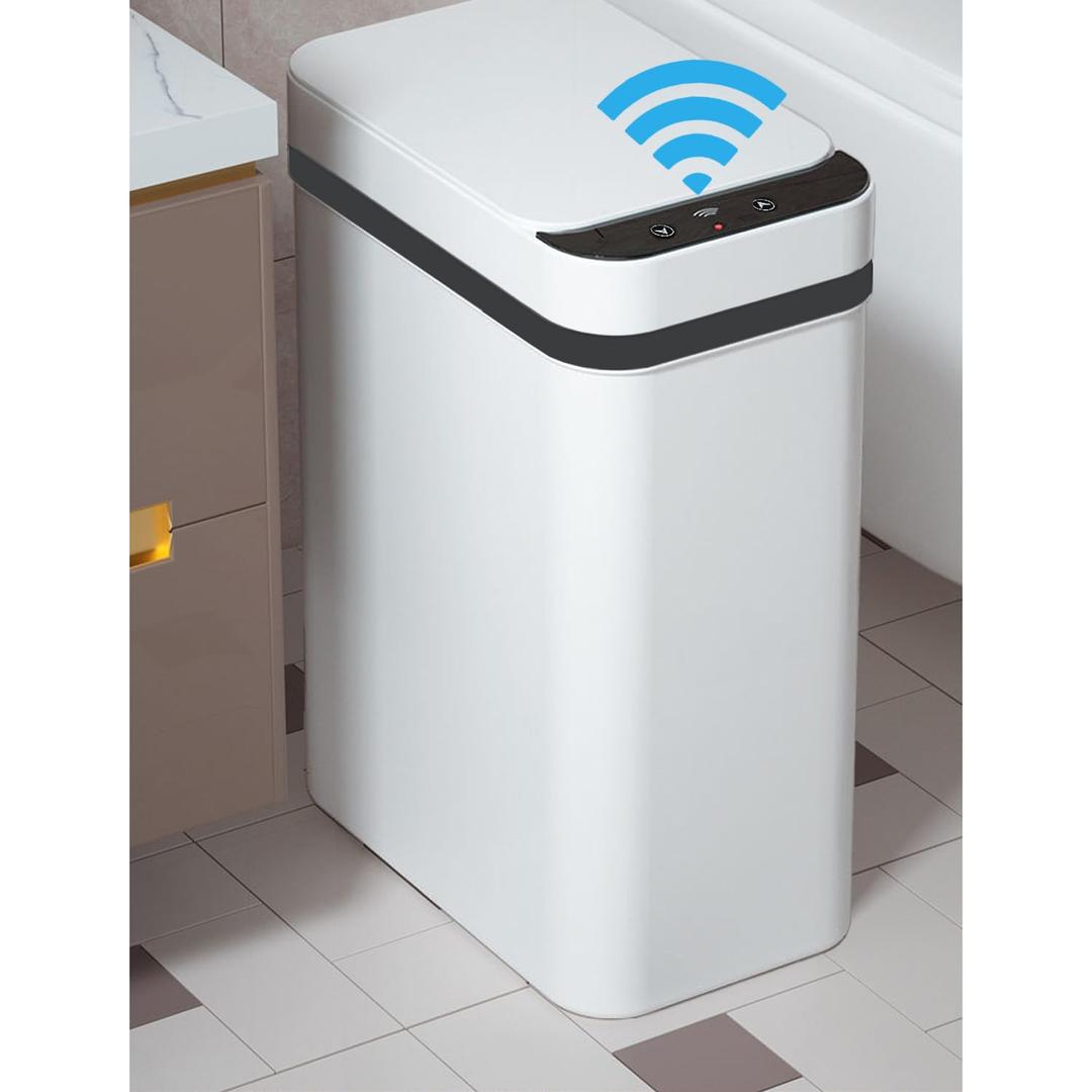 Yatmung 4 Gallons Bathroom Trash Can Automatic Touchless - 15.5 Liters Smart Trash Can Motion Sensor - Narrow, Plastic - Slim Electric Trash Bin - Skinny Garbage Can with Lid (White)