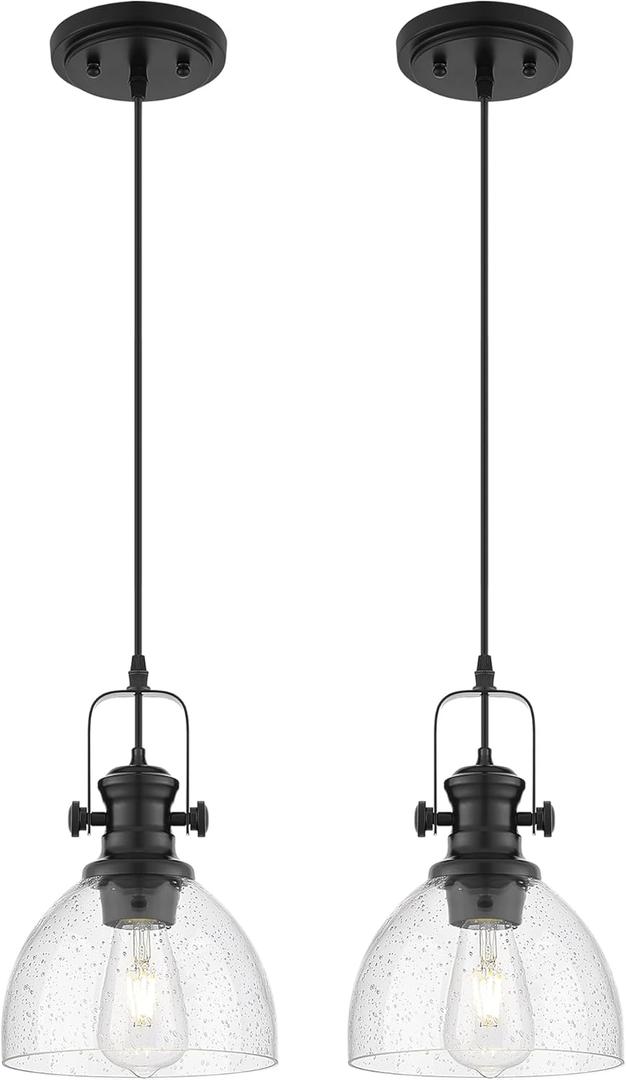 2 Pack Pendant Lights Kitchen Island, 7.5" Black Pendant Lighting with Clear Seeded Glass Shade, Farmhouse Hanging Light Fixtures for Dining Room, AD-22151-1P2-BK