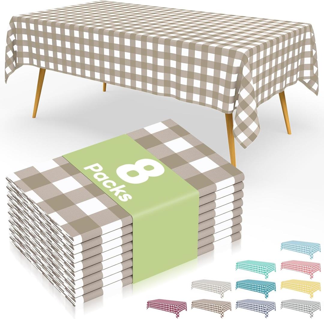 Smiry 8 Packs Gingham Disposable Table Cloth, 54 x 108 Inch Waterproof Plastic Tablecloth, Rectangle Khaki and White Checkered Table Covers for Outdoor, Birthday, Party