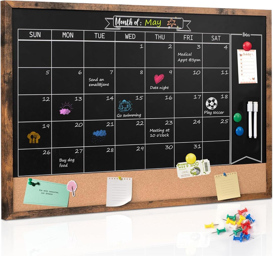 Board2by Monthly Chalkboard Calendar & Cork Board Combo, 24" x 36", Magnetic, Wall Mounted, Blackboard for Office, Kitchen, School, Home (Rustic Brown)