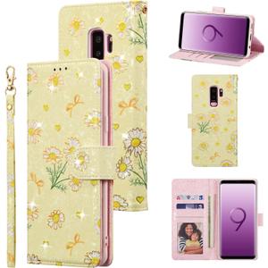 UEEBAI Wallet Case for Samsung Galaxy S9 Plus, PU Leather Phone Case Kickstand RFID Blocking Flip Case with Card Slots Wrist Strap Relief Engraved Pattern Magnetic Closure Folio Case - Yellow Daisy