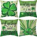 St Patricks Day Pillow Covers 18x18 inch Set of 4 Green Shamrock Decorative Irish Throw Pillows Cushion Cases for Sofa Couch Bedroom Holiday Home Decoration (Lucky and Blessed)