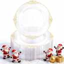 Morejoy 100pcs Gold Plastic Plates - Clear Gold Disposable Plates - 7.5 inch clear and gold dessert plates, Clear Plastic Plates with Gold Rim for Weddings & Parties & Shower