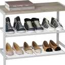 HOMEFORT 3-Tier Shoe Rack, Shoe Storage Shelf, Industrial Shoe Tower, Narrow Shoe Organizer for Closet Entryway, Small Shoe Rack Table with Durable Metal Shelves, White Oak