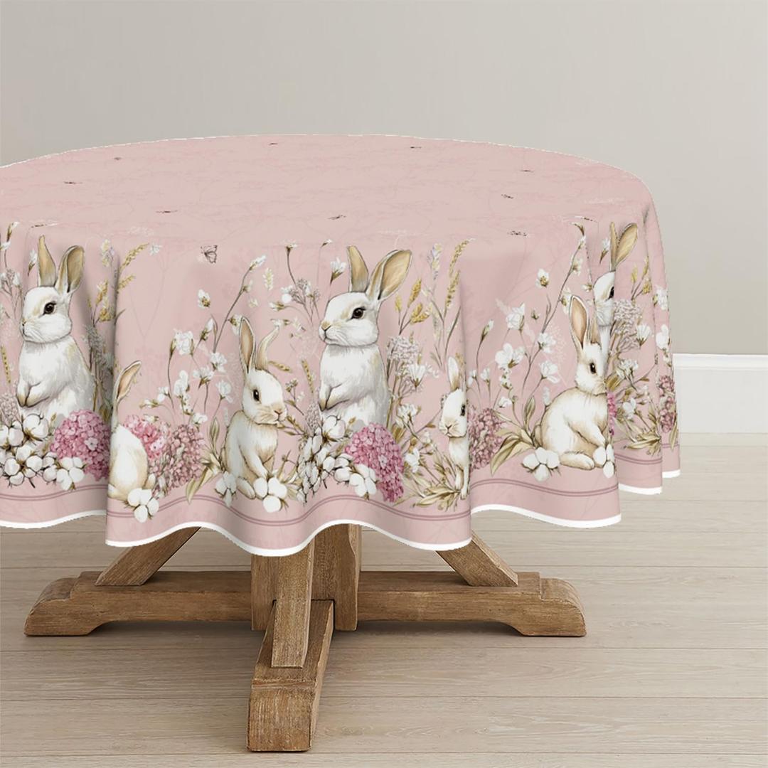 Horaldaily Easter Tablecloth 90×90 Inch Round, Pink Easter Bunny Flowers Washable Seasonal Table Cover for Party Picnic Dinner Decor