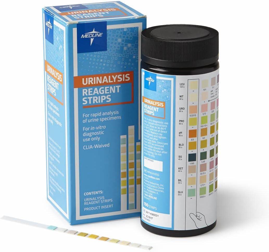 Medline Urinalysis Reagent Strips, 10-Parameter, Compatible with Visual/Analyzer Readings, Bottle of 100 Strips