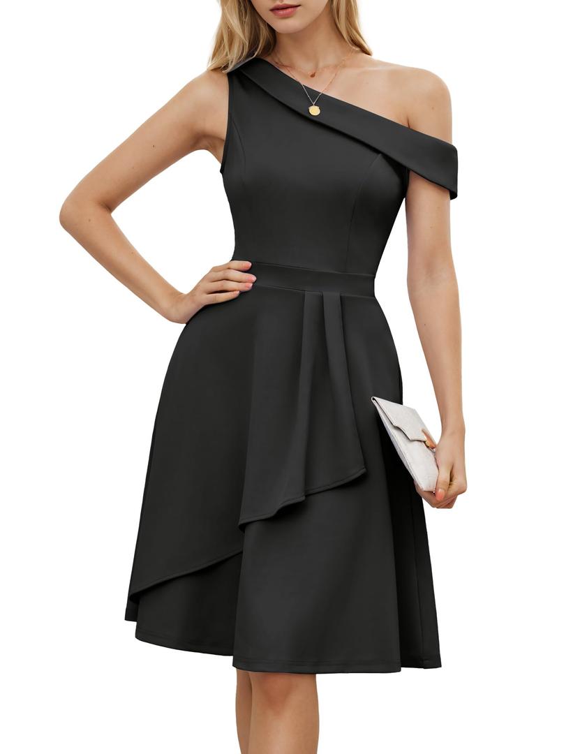 Dressystar Women One Shoulder Ruffle Wedding Guest Dress Spring A Line Wrap Knee Length Cocktail Formal Dresses with Pockets Black S (S)