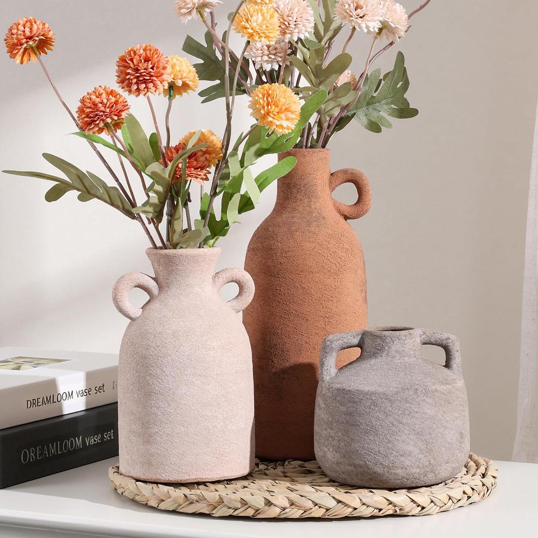 Ceramic Vase Set, 3Pcs Flower Vases for Modern Boho Farmhouse Decor, Decorative Vases for Pampas Grass & Dried Flowers, Distressed Finish