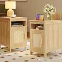 Huuger Narrow Night Stand Set of 2, End Table with Charging Station, USB-C Port, Rattan Side Table with Cabinet and Open Shelf, Synthetic Rattan, for Small Spaces, Bedroom, Natural Wood