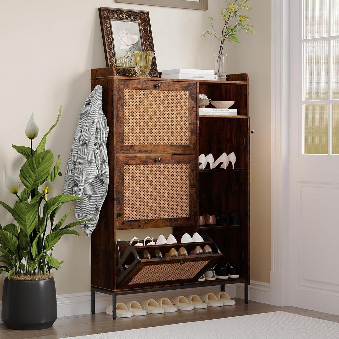 IDEALHOUSE Rattan Shoe Cabinet, Shoe Cabinets with 3 Flip Drawers, Free Standing Narrow Shoe Storage Organizer with Adjustable Shelves, Shoe Rack Cabinet for Entryway, Fence on Top, Brown