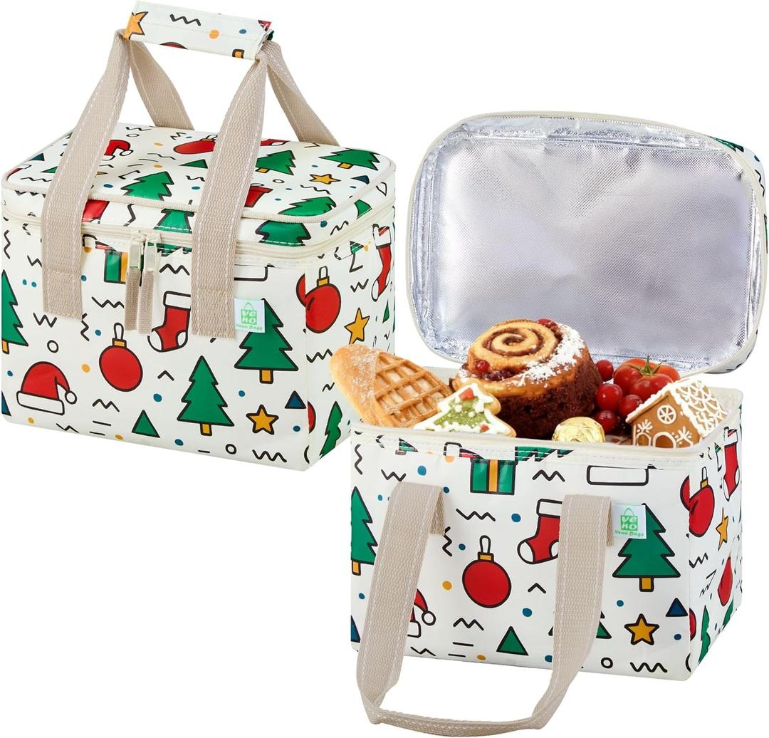 VENO 2 Pack Small Cooler Insulated Lunch Bag Reusable Grocery Shopping Bag | Collapsible Lunch Box Tote for Women Men w/ Handles, Dual Zippers, 9L Capacity for Work Office Picnic Beach (Jingle Mix)