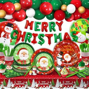 Party Spot! 240 pcs Christmas Party Decorations Kit, 24 Sets of Disposable Dinnerware, Christmas Paper Plates, MERRY CHRISTMAS Balloons, Tablecloth, New Year Party Supplies Indoor