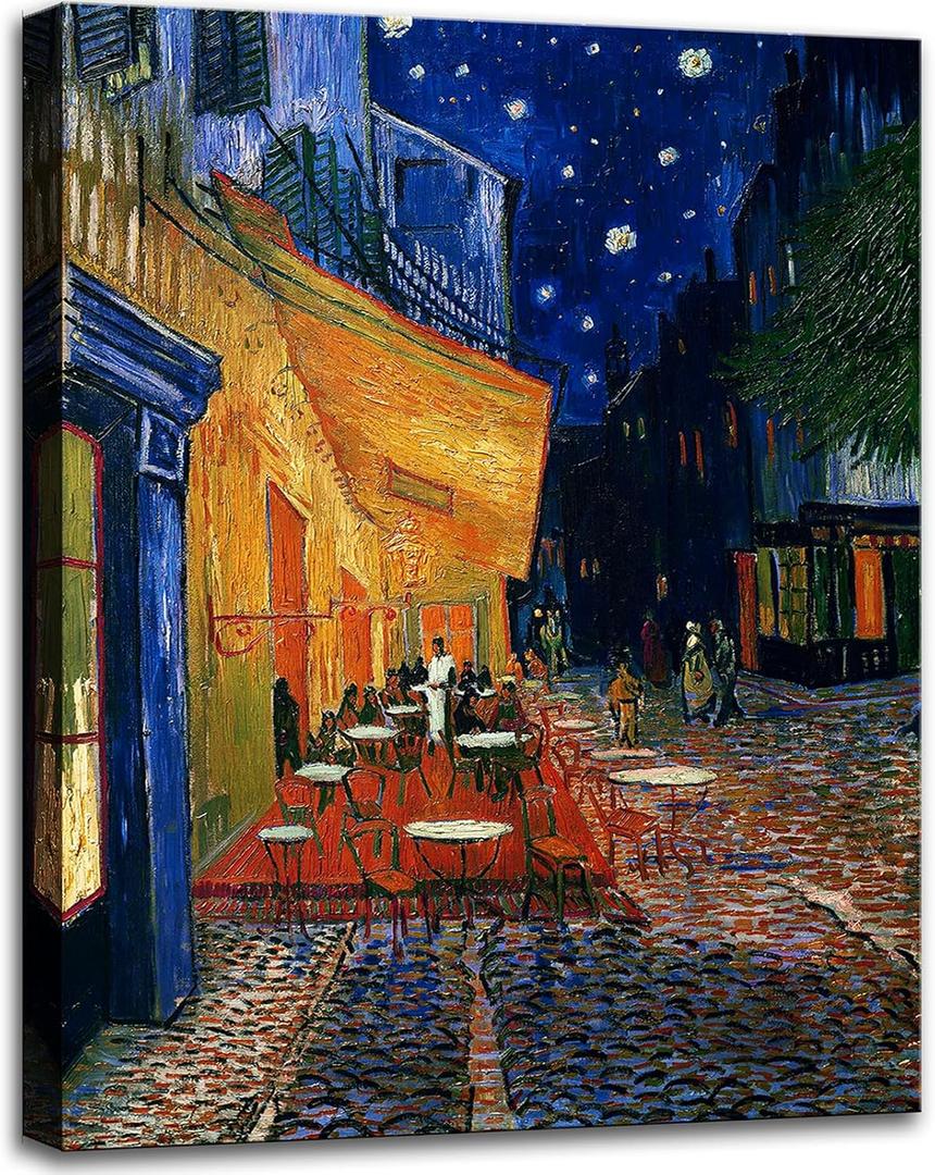 weiyiart Terrace at Night by Vincent Van Gogh. The World Classic Art Reproductions, Giclee Canvas Prints Wall Art for Home Decor,24x16 inches (16L" x 24W", blue2)