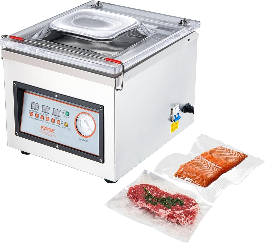 VEVOR Chamber Vacuum Sealer, 320W Sealing Power, Vacuum Packing Machine for Wet Foods, Meats, Marinades and More, Compact Size with 12.6 in Sealing Length, Applied in Home Kitchen and Commercial Use (Silver)