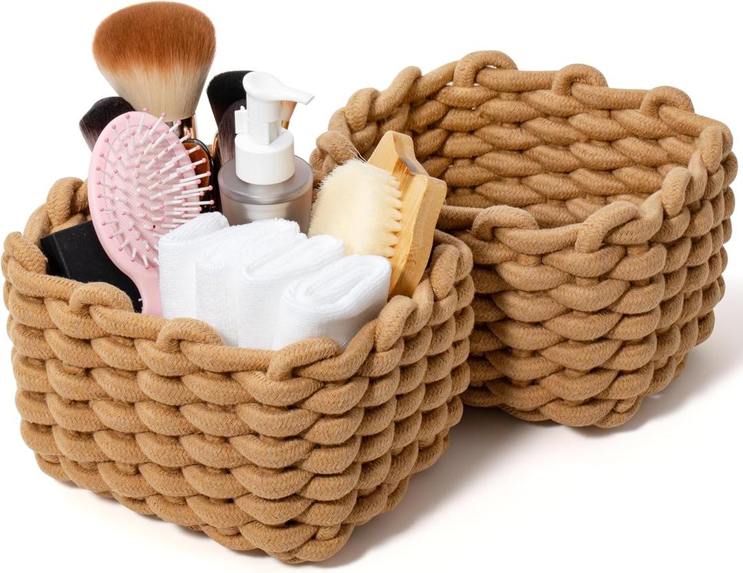 Storage Baskets 2 Pack, Macrame Woven Decorative Baskets for Vanity, Desk, Bathroom & Bedroom Organizer, Small Boho Cotton Rope Bins for Cosmetics, Office Supplies, Cream & Khaki, 7x5.5x5 Inches