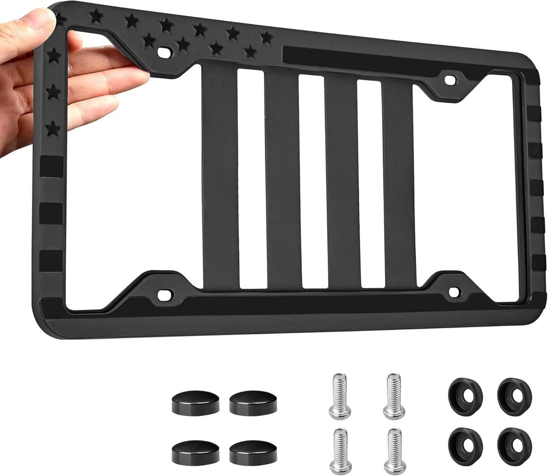 RED WOLF Silicone License Plate Frame American Flag Auto Tag, Subdued 3D Stars and Stripes USA Flag Front Rear License Plate Bracket Holder, Black Rattle Proof w/Mounting Accessories