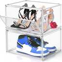 2 Pack Clear Shoe Storage Boxes Stackable Acrylic Shoe Display Case, Large Plastic Shoe Box Sneaker Organizer Purse Organizer with Magnetic Door, Size 12 or 13 (Medium)
