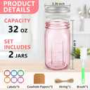 CARBLIN 2 Pack Mason Jars 32 oz, Wide Mouth Canning Jars with Airtight Lids, Glass Pint Jars with Bands Labels Brush, Large Storage Quart Jars for Jam Fermenting Preserving - Pink