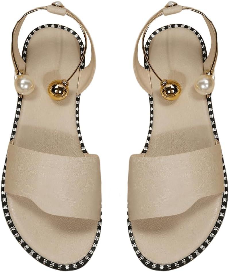 OYOANGLE Women's Pearl Decor Clear Straps Open Toe Flat Sandals Leather Outdoor Beach Sandals (8.5, Beige)