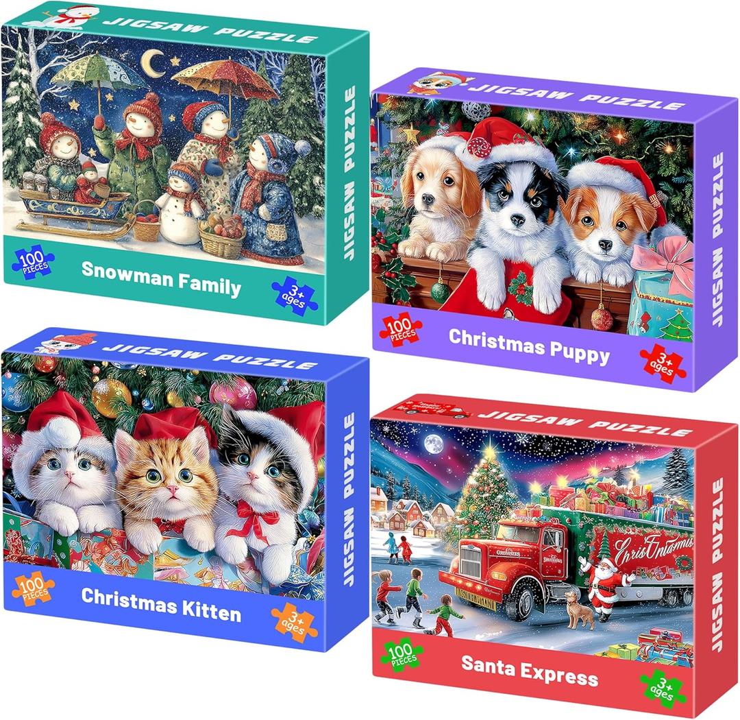 100 Piece Puzzles for Kids Ages 4-6 6-8 8-10, 4 Pack Christmas Kitty Puppy Snowman Santa Jigsaw Puzzles, Kids Puzzles Learning Educational Toys Christmas Puzzle Gifts for Boys Girls