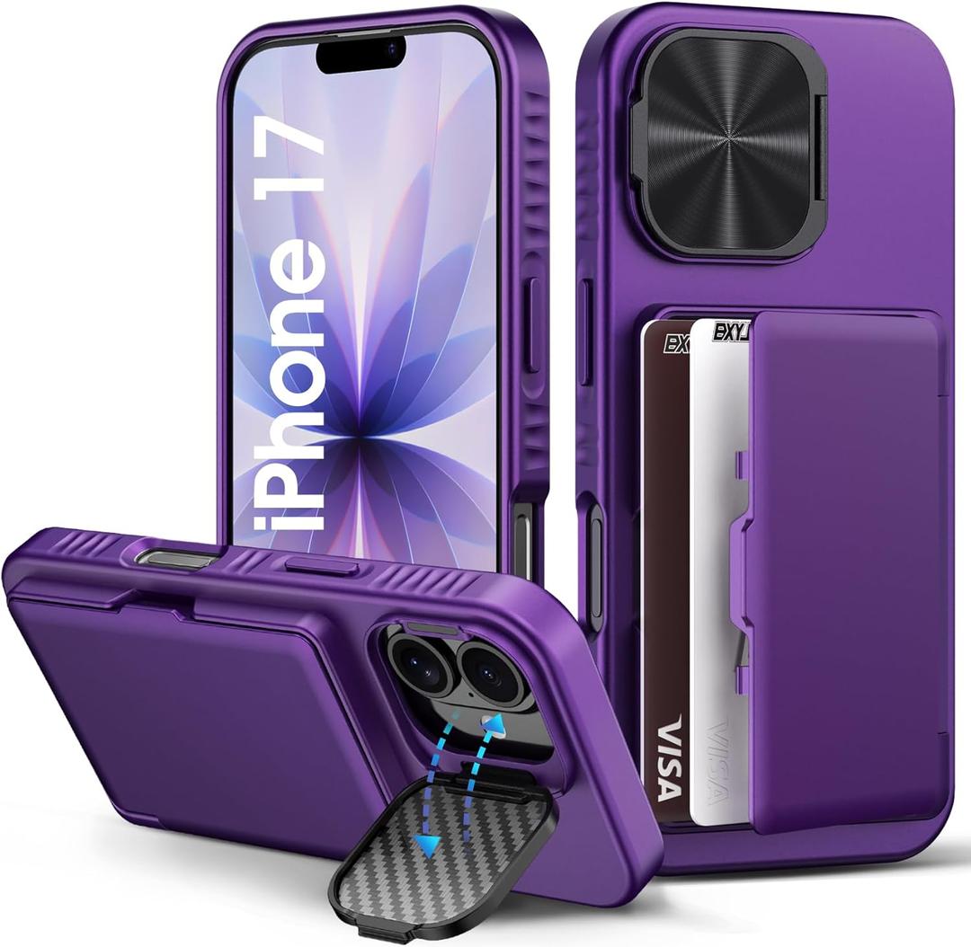 for iPhone 17 Wallet Case with Camera Cover Kickstand, Card Holder (3-5 Cards), Military Grade Protection, Heavy Duty Women Men Shockproof Hard Phone Case for iPhone 17 6.3" 2025, Dark Purple