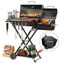 kscocinaBBQ Portable Charcoal Grill with Smoking Function, Foldable Suitcase Design with Wheels, Multi-Tier Storage Rack & Waterproof Cover for Outdoor BBQ Parties (Black)