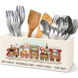 WHCHJ Christmas Gingerbread Train Kitchen Utensils Holder, Xmas Marshmallow Candy Cane Cupcake Wooden Utensil Organizer for Kitchen Decorations, Cute Christmas Desk Storage Organizer