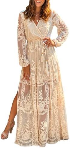 MERMAID'S CLOSET Women's V Neck Floral Lace Maxi Wedding Dress Long Sleeve Flowy Formal Party Dress Fall Spring Large
