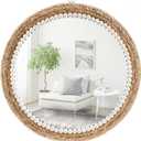 22 Inch Boho Style Decorative Mirror, Round Rattan Wall Hanging Mirror, Nature Rattan Woven Round Mirror, Makeup, Dressing Mirror, Suitable for Dressing Room, Living Room, Bedroom, Farmhouse