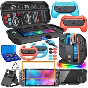 Switch 2 Accessories, [Charge Inside]Case Bundle for Nintendo Switch 2 2025 Console, FYOUNG 23 IN 1 Kit:Carrying Case,Controller Charger,Protective Shell,Grip for Joycon, Steering Wheel for Mario Kart (Orange Blue)