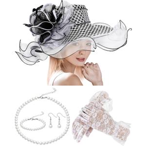 2025 Church Hat for Women Wide Brim Sun Hat Organza Feather Fascinator for Tea Party Wedding Derby (White)