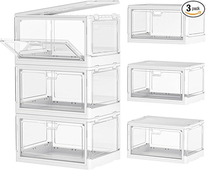 Clear Storage Bin with Lid 3 Pack 【Stackable & Sturdy】 Plastic Multifunctional Folding Storage Bins for Bedroom, Living Room, Study,Room, 23 QT Folding Box with Magnetic Door