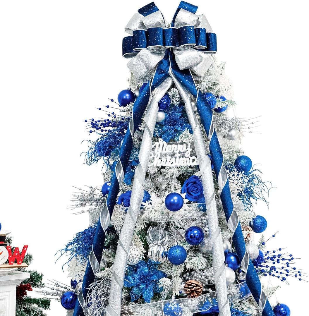 Christmas Tree Topper Bow53x13 Inches Large Christmas Bow with Glitter StreamerDecorative Bows for Xmas Tree Wreath Door Festival Home Decor(Blue & Silver)
