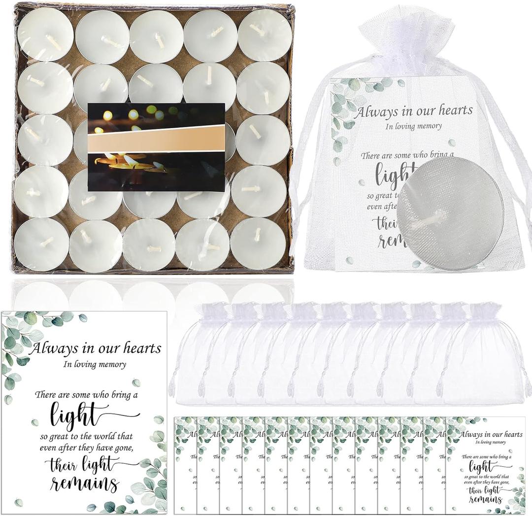 50 Set Funeral Party Favors Memorial White Candles Unscented Funeral Gifts Tealight Candles with Condolence Bereavement Cards and Organza Bags for Guest Celebration of Life Decorations (Stylish)