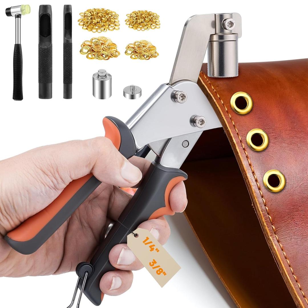 Grommet Tool Kit, 1/4 Inch(6mm), 3/8 Inch (10mm) Grommets Heavy Duty Grommet Kit 500 Metal Eyelets and Grommets in Gold Grommet Eyelet Pliers Kit Eyelet Tool for Fabric, Leather, Belt, Shoes, Clothes