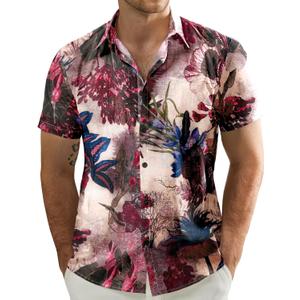 JOGAL Men's Flower Casual Button Down Short Sleeve Hawaiian Shirt (Large, Winered)