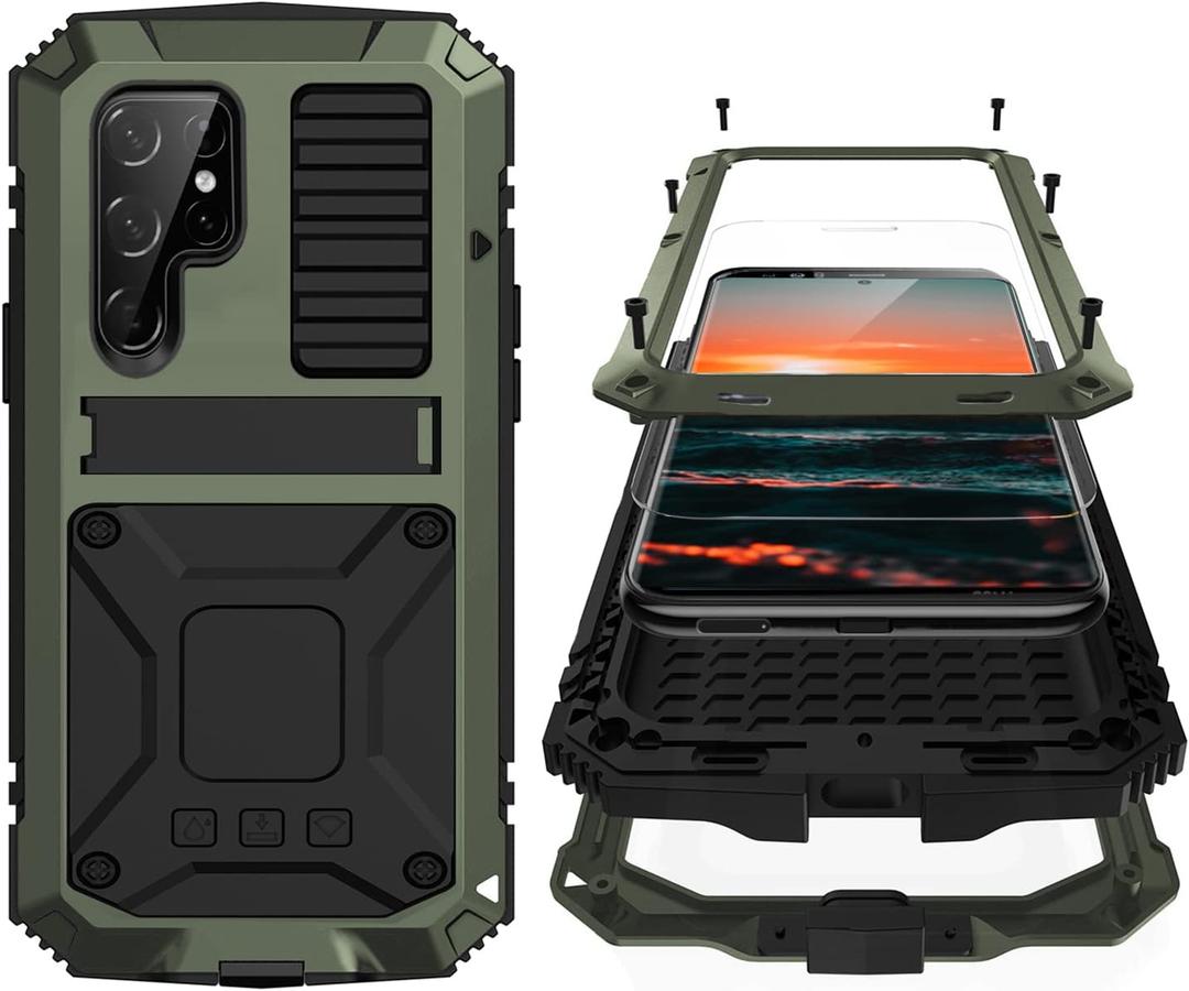 Simicoo Compatible with Samsung S23 Ultra Metal Military Case with Stand Screen Protector Camera Protection Rugged Heavy Duty Shockproof Full Body Cover Tough Dustproof for Men (Green)