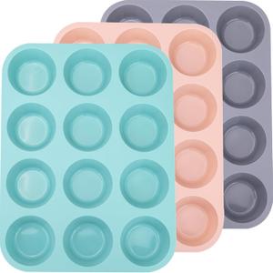 3 Pack 12 Cups Silicone Muffin Pan,Nonstick Regular Silicone Cupcake Pan, For Making Muffin Cakes, Tart and Bread, Gray; Orange; Peacock Blue