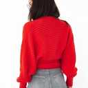 Women's Cropped Turtleneck Sweater Lantern Sleeve Ribbed Knit Pullover Sweater Jumper, Red, Small