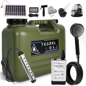 Camping Shower with Heater and 5-Gallon Water Jug, 6000mAh Rechargeable Portable Shower, 1500w Immersion Heater with Auto Shut-Off, Rinse Kit Portable Shower with USB Solar Charging Panel For Camping