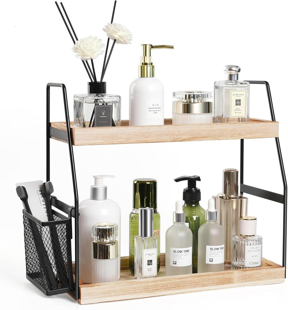 Bathroom Counter Organizer, 2-Tier Standing Storage Shelf with Basket, Wood Tray for Skincare Vanity Organizer(Black)