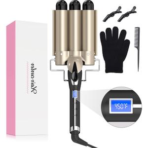 Hair Waver 1 1/4 Inch Crimper for Large Loose Waves, AIMERVO 3 Barrel Curling Iron 1.25", 15 Heat Settings 170-450F for All Hair Types, Ceramic Jumbo Curling Wand, Dual Voltage, for Mid to Long Hair