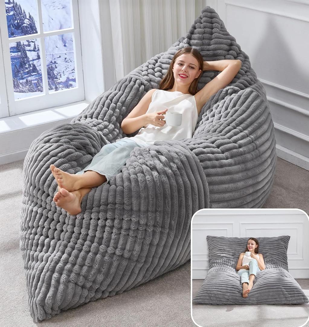Hobestluk 3 in 1 Bean Bag Chair Giant Bean Bag Chairs Convertible Bean Bag Floor Cushion with Machine Washable Cover, Beanbag Chairs for Adult (Grey)