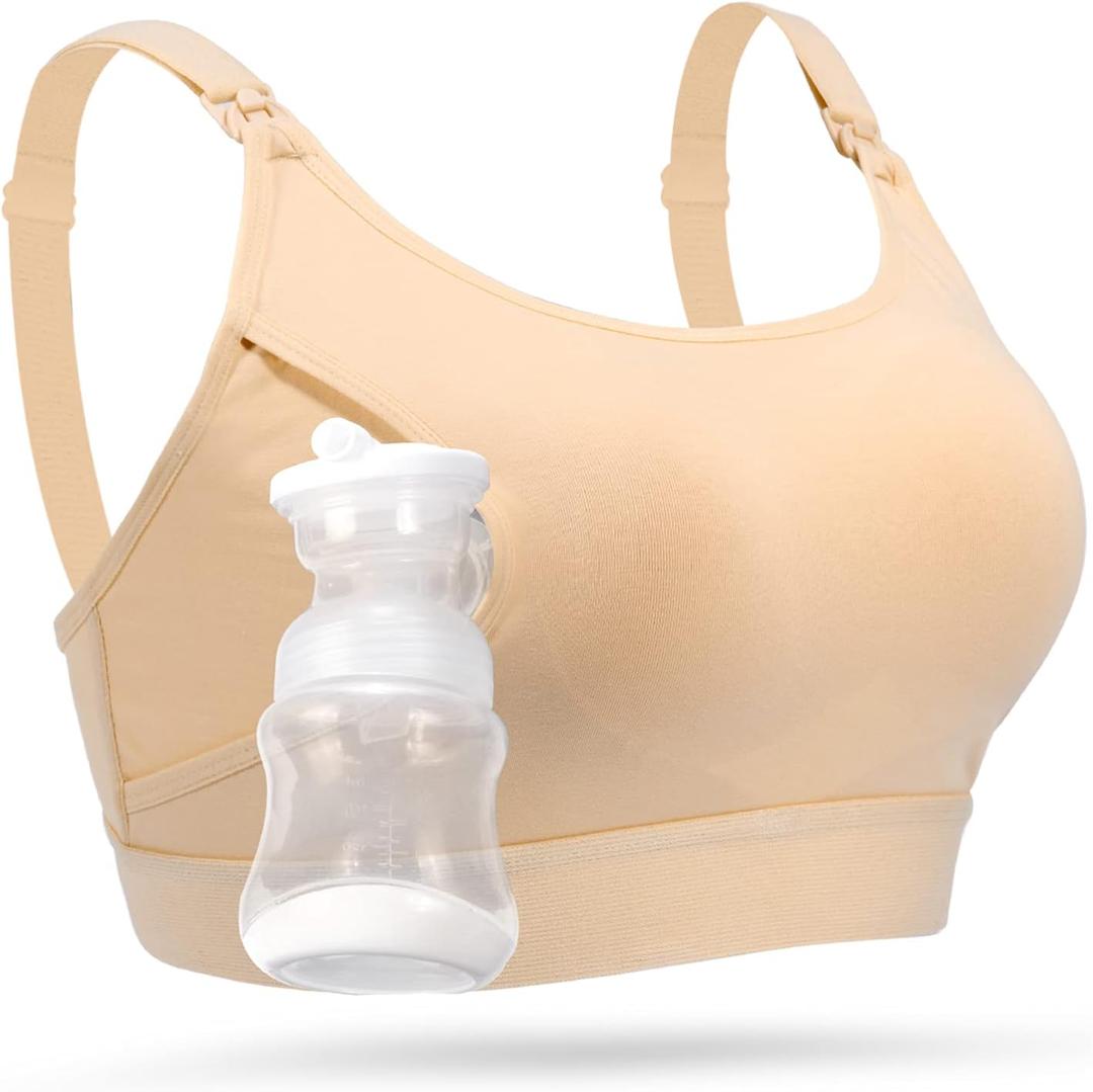 Momcozy Hands Free Pumping Bra, Adjustable Breast-Pumps Holding and Nursing Bra, Pumping & Nursing Bra in One (X-Large, Beige)
