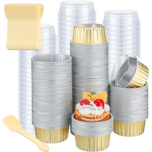 Hushee 300 Set Aluminum Foil Baking Cups with Lids and Spoons 5oz Disposable Ramekins Dessert Muffin Creme Brulee Cupcake Liners Containers for Wedding Birthday Party(Round,Gold)