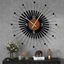 22 Inch Modern Sunburst Wall Clock Battery Operated, Black Metal Radiating Design with Walnut Wood Center, Silent Quartz Movement, Gold Hands Decorative Clocks for Living Room, Office, Bedroom