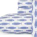 Nautica - Twin Sheets, Cotton Percale Bedding Set, Fully Elasticized, Ideal Dorm Essentials (Woodblock Fish Blue, Twin)