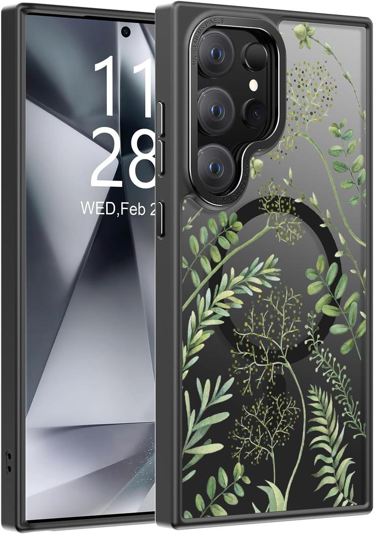 Goodon for Galaxy S25 Ultra Case, Wireless Charging Compatible, Shockproof Translucent Matte Cover - Cute Floral Design Phone Case for Women Girls - Green Leaves